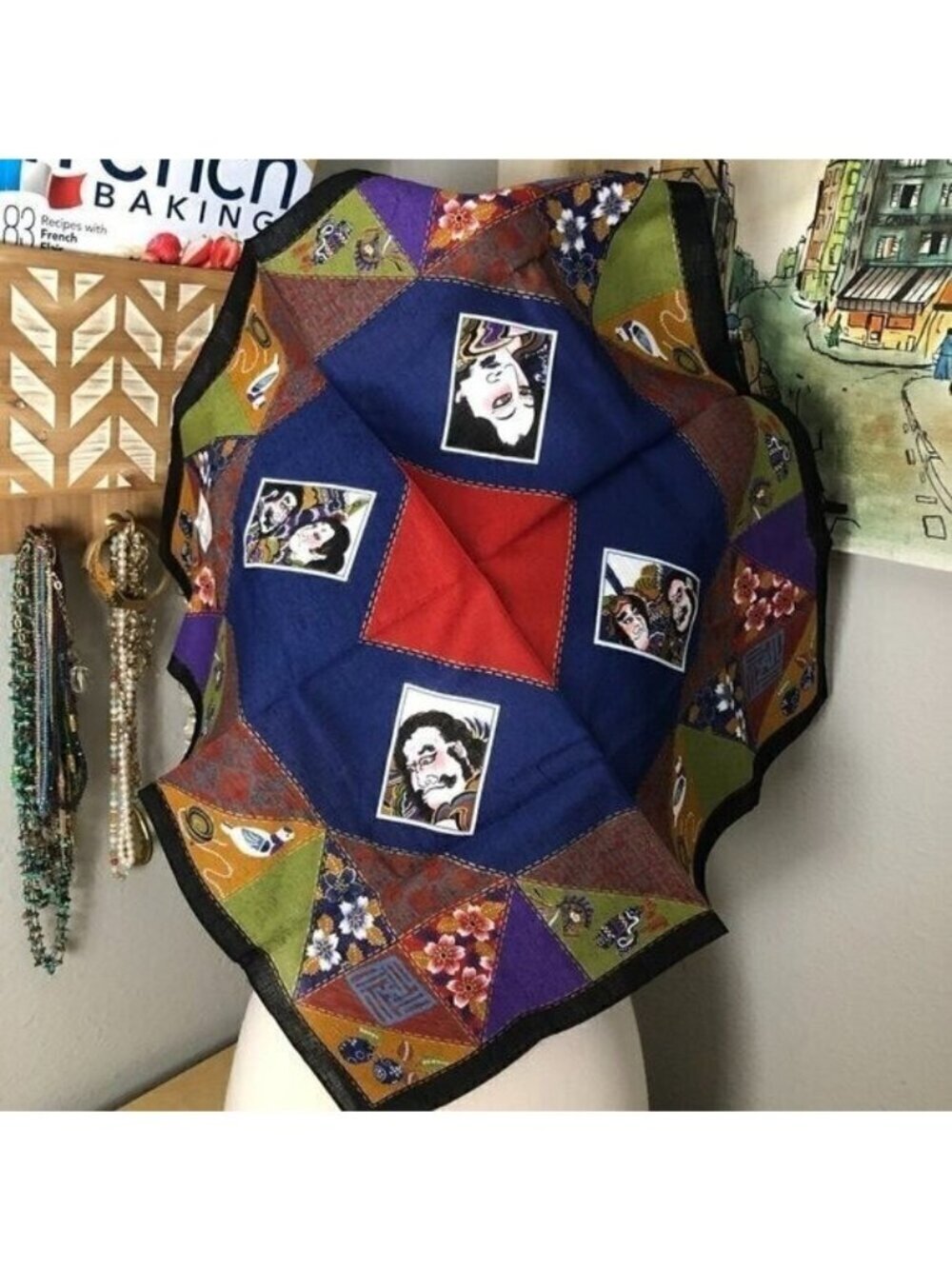 RARE Japanese Silk Scarf Geisha Sumo Lovebirds War Scenes Blue Red 21" SQ NEW